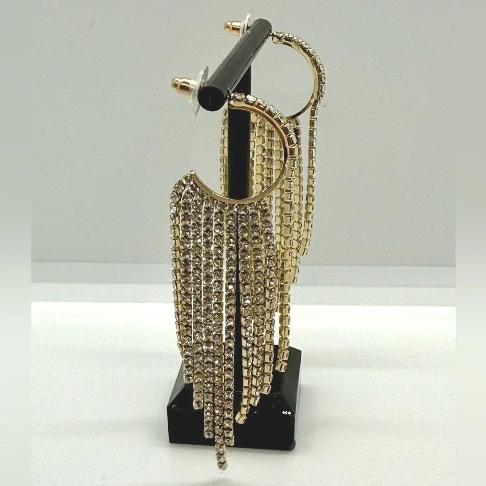 Daisy Fuentes Gold Tone Rhinestone‎ Fringe Hoop Earrings Statement Crystal Drop